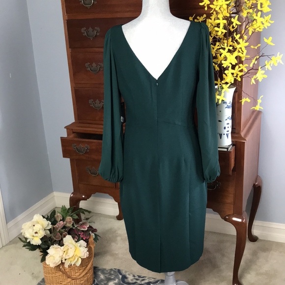 Vince Camuto Sheer Long Sleeve Stretch Crepe Sheath Dress Hunter Green Size 12 - Picture 6 of 13